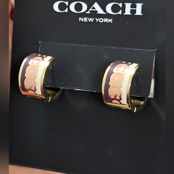 COACH NEW YORK GOLD ENAMEL PURPLE & PINK ENAMEL HOOP EARRINGS $85 - Picture 9 of 12